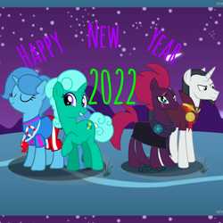 Size: 1378x1378 | Tagged: safe, derpibooru import, chancellor neighsay, fizzlepop berrytwist, glitter drops, spring rain, tempest shadow, pony, unicorn, 2022, happy new year, holiday, new year, photo