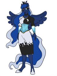 Size: 1920x2560 | Tagged: safe, artist:fotia-kouneli, derpibooru import, princess luna, alicorn, anthro, bicorn, unguligrade anthro, choker, clothes, dress, female, horn, multiple horns, simple background, solo, white background