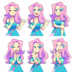 Size: 2048x2048 | Tagged: safe, artist:lou_lubally, derpibooru import, fluttershy, equestria girls, blushing, butterfly hairpin, clapping, commission, cute, embarrassed, emotes, eyes closed, female, happy, jewelry, looking at you, necklace, open mouth, open smile, shocked, shyabetes, simple background, smiling, solo, thinking, waving, white background