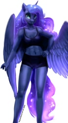 Size: 499x900 | Tagged: safe, artist:raphaeldavid, derpibooru import, princess luna, alicorn, anthro, abs, clothes, female, hand on hip, looking at you, mare, muscles, shorts, simple background, smiling, smiling at you, solo, sports bra, sports shorts, white background, workout outfit