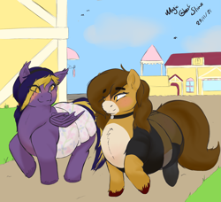 Size: 3453x3146 | Tagged: safe, artist:magicghostslime, derpibooru import, oc, oc only, oc:lightning, oc:pencil test, bat pony, earth pony, bat pony oc, chubby, clothes, colored hooves, dress, duo, duo female, earth pony oc, fat, female, females only, high res, signature, unshorn fetlocks, walking