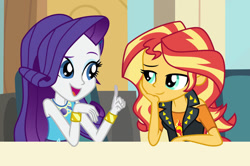 Size: 1024x681 | Tagged: safe, artist:emeraldblast63, derpibooru import, rarity, sunset shimmer, comic:the tale of two sunsets, equestria girls, bracelet, clothes, cutie mark on clothes, duo, jewelry, open mouth, rarity peplum dress, sleeveless, vest