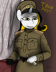 Size: 844x1098 | Tagged: safe, artist:pawker, derpibooru import, oc, oc only, oc:твой друг, anthro, human, pony, commission, cyrillic, female, humanized, russian, russian uniform, soviet, soviet union, swamp cinema