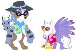 Size: 2808x1903 | Tagged: safe, artist:mjangelvortex, artist:wicked-red-art, derpibooru import, fluttershy, gilda, oc, oc:gerbera, oc:sky, classical hippogriff, diamond dog, hippogriff, 2022 community collab, bone, clothes, derpibooru community collaboration, duo, female, gem, gildashy, hat, hawaiian shirt, lesbian, plushie, shipping, shirt, simple background, sun hat, sunglasses, transparent background