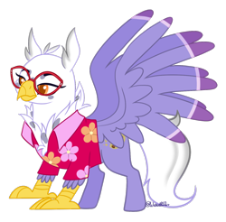 Size: 1368x1344 | Tagged: safe, artist:wicked-red-art, derpibooru import, oc, oc only, oc:gerbera, classical hippogriff, hippogriff, clothes, glasses, hawaiian shirt, shirt, simple background, solo, transparent background