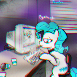 Size: 1000x1000 | Tagged: safe, artist:pawker, derpibooru import, oc, oc only, oc:pigchrist, earth pony, pony, '90s, chair, computer, cup, drugs, keyboard, marijuana, relaxing, sitting, smoking, solo, swamp cinema