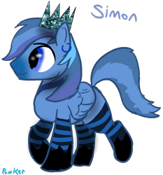 Size: 949x1019 | Tagged: safe, artist:pawker, derpibooru import, oc, oc only, oc:simon, pegasus, blue eyes, clothes, crown, ear piercing, earring, jewelry, male, piercing, regalia, simple background, smiling, socks, solo, swamp cinema, transparent background