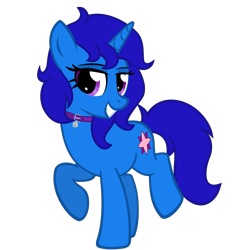 Size: 1500x1500 | Tagged: safe, artist:the smiling pony, derpibooru import, oc, oc only, oc:delly, pony, unicorn, .svg available, 2022 community collab, bipedal, blue mane, blue tail, collar, derpibooru community collaboration, female, full body, grin, horn, lock, looking at you, mare, padlock, padlocked collar, purple eyes, raised hoof, raised leg, show accurate, simple background, smiling, solo, svg, tail, transparent background, unicorn oc, vector