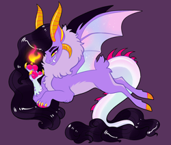 Size: 2600x2200 | Tagged: safe, artist:loryska, derpibooru import, oc, draconequus, hybrid, fire, interspecies offspring, offspring, parent:discord, parent:twilight sparkle, parents:discolight, paws, purple background, simple background, solo, underpaw