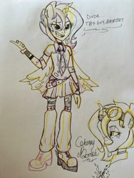 Size: 2448x3264 | Tagged: safe, artist:khimi-chan, derpibooru import, oc, oc only, changeling, changeling queen, equestria girls, bust, changeling queen oc, clothes, duo, equestria girls-ified, female, goggles, pants, signature, smiling, traditional art