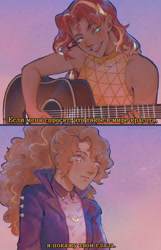 Size: 1933x3000 | Tagged: safe, artist:stummm, derpibooru import, adagio dazzle, sunset shimmer, equestria girls, aesthetics, blushing, cyrillic, female, guitar, lesbian, looking at each other, looking at someone, musical instrument, russian, shipping, singing, song reference, subtitles, sunsagio