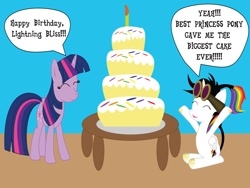 Size: 1024x768 | Tagged: safe, artist:jamesthunder, derpibooru import, twilight sparkle, oc, oc:lightning bliss, birthday cake, birthday candles, cake, cute, dialogue, food, goggles, speech bubble