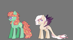 Size: 1650x922 | Tagged: safe, artist:merdiia, derpibooru import, oc, oc only, earth pony, hybrid, pegasus, pony, duo, earth pony oc, female, gray background, interspecies offspring, male, mare, offspring, parent:discord, parent:fluttershy, parent:tree hugger, parent:zephyr breeze, parents:discoshy, parents:zephyrhugger, pegasus oc, simple background, stallion, story included, sunglasses, wings