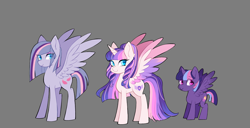 Size: 1800x922 | Tagged: safe, artist:merdiia, derpibooru import, oc, oc only, alicorn, pegasus, pony, alicorn oc, female, filly, foal, gray background, horn, mare, offspring, parent:flash sentry, parent:twilight sparkle, parents:flashlight, pegasus oc, simple background, story included, wings