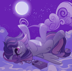 Size: 2700x2632 | Tagged: safe, artist:merdiia, derpibooru import, oc, oc only, hybrid, pegasus, pony, base used, falling, female, full moon, interspecies offspring, looking up, mare, moon, music player, night, offspring, parent:mordecai, parent:twilight sparkle, parents:mordetwi, pegasus oc, smiling, solo, stars