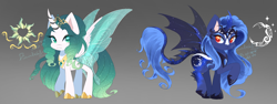 Size: 2350x880 | Tagged: safe, artist:merdiia, derpibooru import, oc, oc only, alicorn, bat pony, bat pony alicorn, changepony, pony, alicorn oc, bat wings, duo, female, gradient background, horn, magical lesbian spawn, mare, offspring, parent:princess celestia, parent:princess luna, parent:queen chrysalis, parent:rain shine, parents:chryslestia, wings