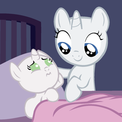 Size: 1024x1024 | Tagged: safe, artist:awoomarblesoda, derpibooru import, oc, oc only, pony, unicorn, baby, baby pony, bald, base, bed, blanket, duo, eyelashes, female, horn, indoors, mare, pillow, smiling, unicorn oc