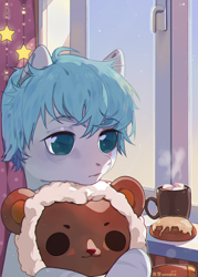 Size: 1000x1400 | Tagged: safe, artist:qawakie, derpibooru import, oc, oc only, earth pony, pony, bust, chocolate, earth pony oc, food, frown, hot chocolate, indoors, mug, plushie, solo, teddy bear