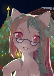 Size: 1000x1400 | Tagged: safe, artist:qawakie, derpibooru import, oc, oc only, pony, bust, christmas, christmas tree, colored hooves, commission, eye clipping through hair, glasses, holiday, looking at you, outdoors, smiling, solo, tree