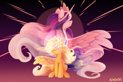 Size: 4500x3000 | Tagged: safe, artist:neonishe, derpibooru import, princess celestia, oc, oc:sunshinenya, alicorn, pegasus, pony, flower, flower in hair, wings