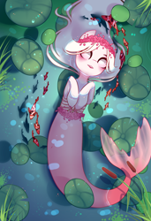 Size: 1300x1900 | Tagged: safe, alternate version, artist:nazori, derpibooru import, oc, oc only, fish, merpony, pony, alternate character, commission, featureless crotch, lilypad, lying down, on back, outdoors, pond, reed, solo, water, ych result