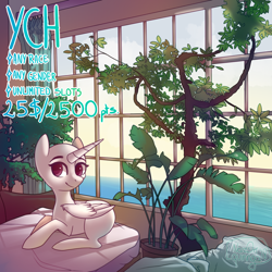 Size: 1000x1000 | Tagged: safe, artist:nazori, derpibooru import, oc, oc only, alicorn, pony, alicorn oc, bald, commission, female, horn, indoors, lying down, mare, prone, smiling, solo, tree, wings, your character here