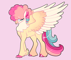 Size: 2600x2200 | Tagged: safe, artist:loryska, derpibooru import, oc, hippogriff, magical threesome spawn, parent:party favor, parent:pinkie pie, parent:princess skystar, pink background, simple background, solo