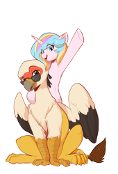 Size: 1353x1995 | Tagged: safe, artist:colorfulcolor233, artist:vistamage, derpibooru import, oc, oc only, oc:oofy colorful, oc:vistamage, griffon, unicorn, 2022 community collab, couple, derpibooru community collaboration, female, male, mare, oc x oc, oofymage, shipping, simple background, straight, transparent background