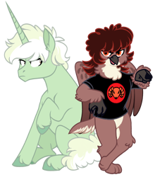 Size: 1790x2031 | Tagged: safe, artist:pigeorgien, derpibooru import, oc, oc:marseille mangalya-martina, oc:trefoil clover, griffon, pony, unicorn, 2022 community collab, clothes, derpibooru community collaboration, female, mare, pointing at you, raised hoof, raised leg, shirt, simple background, sitting, t-shirt, transparent background