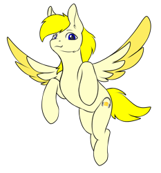 Size: 1654x1778 | Tagged: safe, artist:zeroonesunray, derpibooru import, oc, oc only, oc:ohzuya, pegasus, pony, 2022 community collab, blue eyes, derpibooru, derpibooru community collaboration, ear fluff, ears, eyebrows, flying, full body, looking at you, male, meta, pegasus oc, posing for photo, simple background, smiling, smiling at you, solo, spread wings, stallion, tail, trace, transparent background, wings, yellow mane, yellow tail