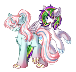 Size: 2350x2230 | Tagged: artist needed, safe, derpibooru import, oc, oc only, alicorn, dracony, dragon, hybrid, pony, 2022 community collab, alicorn oc, derpibooru community collaboration, dracony oc, duo, glasses, hoof shoes, horn, looking at you, multicolored eyes, simple background, transparent background, wings