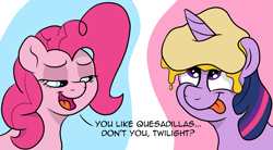 Size: 2589x1426 | Tagged: safe, artist:pony-thunder, derpibooru import, pinkie pie, twilight sparkle, comic, food, just one bite, quesadilla, spongebob squarepants, they're just so cheesy, tongue, tongue out