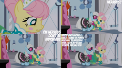 Size: 1280x720 | Tagged: safe, derpibooru import, edit, edited screencap, editor:quoterific, screencap, fluttershy, photo finish, earth pony, pegasus, pony, green isn't your color, season 1, clothes, dress, duo, female, mare, open mouth