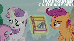 Size: 1280x720 | Tagged: safe, derpibooru import, edit, edited screencap, editor:quoterific, screencap, scootaloo, sweetie belle, pegasus, pony, unicorn, hard to say anything, season 7, book, female, filly, foal, magic, open mouth, smiling, spread wings, telekinesis, wings