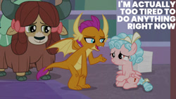 Size: 1280x720 | Tagged: safe, derpibooru import, edit, edited screencap, editor:quoterific, screencap, cozy glow, smolder, yona, dragon, pegasus, pony, yak, season 8, what lies beneath, spoiler:s08, female, filly, foal, open mouth, open smile, smiling