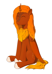 Size: 2480x3508 | Tagged: safe, artist:laykeen, derpibooru exclusive, derpibooru import, oc, oc only, oc:season leaf, classical hippogriff, hippogriff, hybrid, kirin, 2022 community collab, derpibooru community collaboration, eyes closed, gradient mane, leaf, seasons, simple background, simple shading, sitting, smiling, solo, transparent background