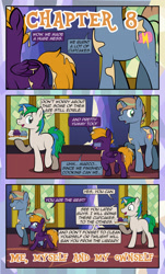 Size: 1920x3169 | Tagged: safe, artist:alexdti, derpibooru import, oc, oc only, oc:brainstorm (alexdti), oc:marco, oc:purple creativity, pegasus, pony, unicorn, comic:quest for friendship, :q, ^^, caption, comic, cupcake, dialogue, eyes closed, female, folded wings, food, glasses, green eyes, grin, hoof hold, horn, looking at someone, looking back, male, mare, nose wrinkle, open mouth, open smile, pegasus oc, shadow, smiling, speech bubble, stallion, tail, text, tongue, tongue out, trio, twilight's castle, two toned mane, two toned tail, unicorn oc, walking, wings