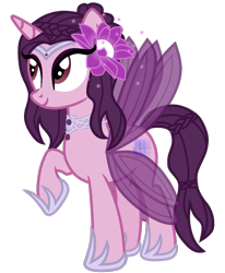 Size: 711x862 | Tagged: safe, derpibooru import, oc, oc only, oc:princess kyoko, original species, pony, 2022 community collab, braid, derpibooru community collaboration, eyelashes, eyeshadow, female, flower, flower in hair, full body, headdress, hoof shoes, horn, jewelry, looking away, makeup, mare, necklace, purple eyes, purple hair, raised hoof, raised leg, regalia, royalty, show accurate, simple background, solo, standing, transparent background, wings
