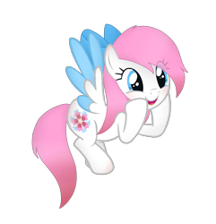 Size: 2440x2536 | Tagged: safe, artist:rezatim, derpibooru import, oc, oc only, oc:snowy blossom, pegasus, pony, 2022 community collab, blue eyes, bow, colored wings, derpibooru community collaboration, female, flying, full body, hair bow, high res, hooves on cheeks, mare, pink mane, pink tail, show accurate, simple background, solo, spread wings, tail, transparent background, wings