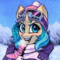 Size: 3000x3000 | Tagged: safe, artist:amishy, derpibooru import, oc, oc only, pony, unicorn, bust, clothes, cold, female, goggles, hat, jacket, mare, open mouth, open smile, portrait, smiling, snow, snowfall, solo, winter, winter hat, winter outfit
