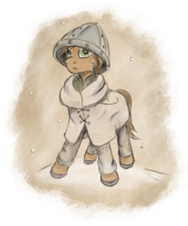 Size: 1280x1535 | Tagged: safe, artist:bob-finnski, derpibooru import, oc, oc only, oc:leafhelm, pony, brown mane, dark age, green eyes, medival, paper texture, simple background, snow, snowfall, solo, transparent background, vintage