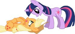 Size: 1247x570 | Tagged: safe, derpibooru import, edit, edited screencap, editor:twilyisbestpone, screencap, applejack, twilight sparkle, unicorn twilight, earth pony, pony, unicorn, applebuck season, season 1, applejack's hat, background removed, clothes, cowboy hat, duo, duo female, eye contact, female, freckles, green eyes, hat, horn, looking at each other, looking at someone, lying down, mare, multicolored mane, multicolored tail, on back, open mouth, purple eyes, silly, silly pony, simple background, standing, tail, tongue, tongue out, transparent background, wavy mouth, who's a silly pony