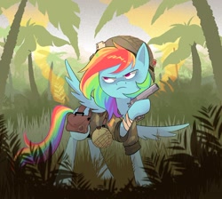 Size: 1500x1343 | Tagged: safe, artist:stevetwisp, derpibooru import, rainbow dash, pegasus, pony, ace of spades, camouflage, canteen, frown, gun, handgun, helmet, jungle, m1911, palm tree, pistol, playing card, rolled up sleeves, solo, tree, weapon