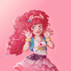 Size: 800x800 | Tagged: safe, artist:artificialrabbit, derpibooru import, pinkie pie, equestria girls, looking back, simple background, smiling, solo