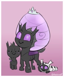 Size: 1058x1270 | Tagged: safe, artist:heretichesh, derpibooru import, oc, oc only, changeling, changeling egg, changeling oc, cute, cuteling, eyes closed, gradient background, grub, jewelry, purple changeling, smiling, tiara