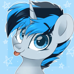 Size: 894x894 | Tagged: safe, artist:cinnamontee, derpibooru import, oc, oc only, oc:solar gizmo, pony, unicorn, :p, blue eyes, bust, eye clipping through hair, eyebrows, eyebrows visible through hair, horn, looking at you, male, portrait, simple background, smiling, smiling at you, solo, stallion, tongue, tongue out, two toned mane, unicorn oc