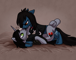 Size: 2587x2067 | Tagged: safe, artist:relisreal, derpibooru import, earth pony, pony, undead, unicorn, zombie, zombie pony, bone, bring me the horizon, clothes, commission, disguise, disguised siren, duo, duo male, eye contact, fangs, gay, high res, horn, index get, kellin quinn, long sleeves, looking at each other, looking at someone, lying down, male, oliver sykes, on back, ponified, scar, shipping, shirt, sleeping with sirens, stallion, stitches, t-shirt, tattoo, ych result