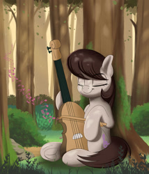 Size: 1280x1498 | Tagged: safe, artist:joaothejohn, derpibooru import, octavia melody, earth pony, pony, cute, eyes closed, female, forest, mare, music, music notes, musical instrument, plant, sitting, solo, tavibetes, tree