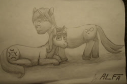 Size: 1024x680 | Tagged: safe, derpibooru import, moonlight raven, oc, oc:alfa, unicorn, shipping, traditional art