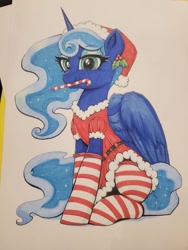 Size: 768x1024 | Tagged: safe, artist:confetticakez, derpibooru import, princess luna, alicorn, pony, candy, candy cane, christmas, clothes, costume, food, hat, holiday, santa costume, santa hat, simple background, socks, solo, striped socks, traditional art